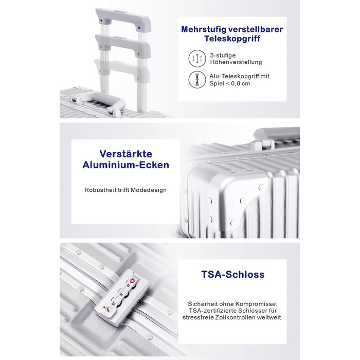 Чемодан ручної об'єм 55 см з алюмінієвим каркасом та полікарбонатом Yuweijie, 35L, 4 колеса, TSA-замок, срібний