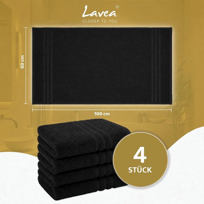 Набір махрових рушників для рук Lavea Elena, 100% бавовна, гігроскопічні та м'які, чорні, 50x100 см, 4 шт.
