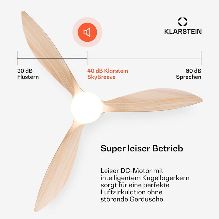 Стельовий вентилятор Klarstein SkyBreeze з підсвічуванням та керуванням для вулиці (IP44), 6 швидкостей, димування, 132 см, колір клен, Smart