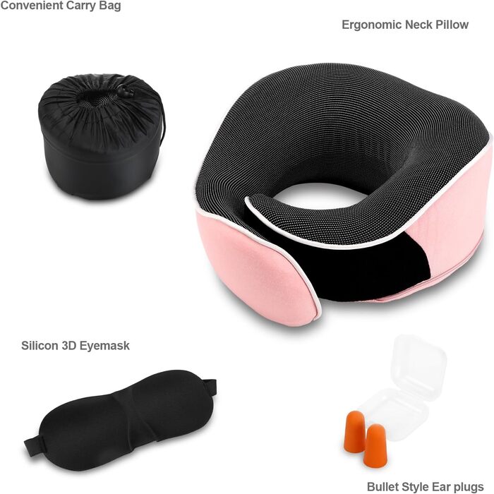Подушка для шиї з Memory Foam, комплект з маскою для очей, навушниками та чохлом, ергономічна, для подорожей (рожева)
