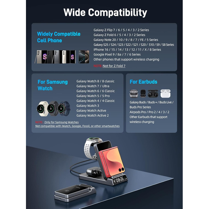 Бездротовий зарядний пристрій 3-в-1 для Samsung Galaxy S26/S25/Z Fold 7/Flip 7/Buds 3/2, Watch 8/7/6/5 Pro - сірий