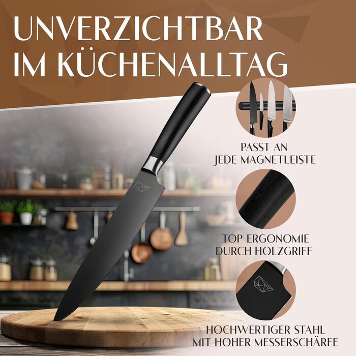 Кухонний ніж Glavory з чорним лезом та дерев'яною ручкою, 20 см - професійний кухонний ніж з надзвичайно гострим лезом, в подарунковій упаковці