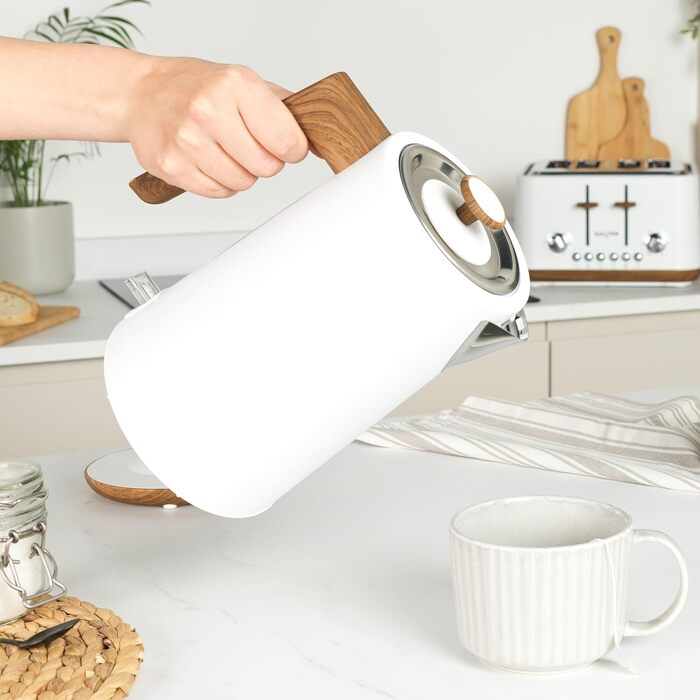 Електричний чайник Salter Toronto 1,7L з функцією швидкого кип'ятіння, 360° обертання, фільтром від накипу, дерев'яним дизайном, бездротовим підключенням, захистом від сухого кип'ятіння та автоматичним вимкненням. Otter-контролер, білий колір.