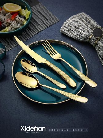 Набір столових приборів на 6 осіб, 24 предмети, нержавіюча сталь 18/10, золотий титан, сучасний дизайн, з двостороннім зазубреним ножем, для посудомийної машини