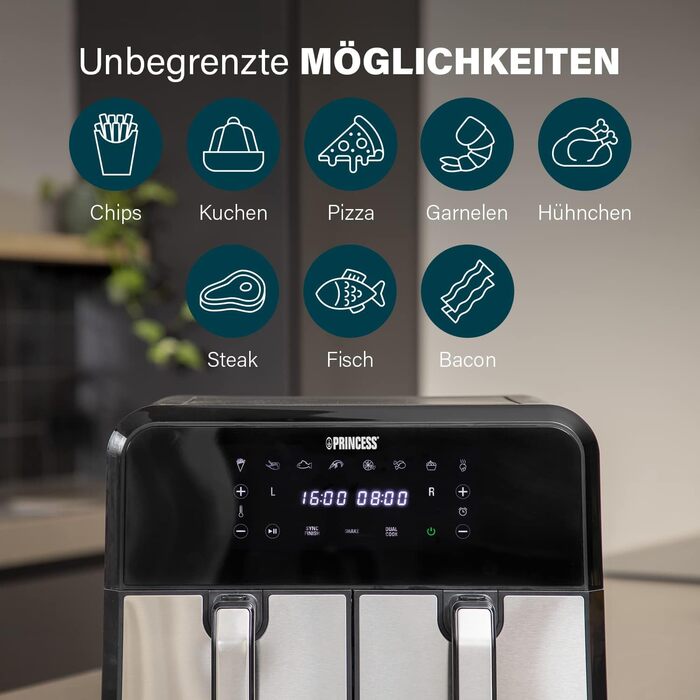 Princess Double Chamber Air Fryer with 2x4L Capacity – 62.2% Less Energy Consumption – Separate Temperatures for 2 Compartments – 8 Programs – 182074, 1700 Watts, 38.4 x 37.4 x 30.8 cm 2x4L Double Chamber Air Fryer Silver