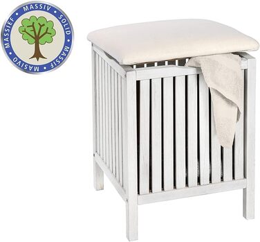 WENKO Badhocker Norway with Laundry Hamper, Storage Ottoman with Padded and Flip-Up Seat as Lid, Solid Walnut Wood, Oiled, Capacity 65 L, (W x H x D): 39 x 52 x 39 cm, Natural (White)