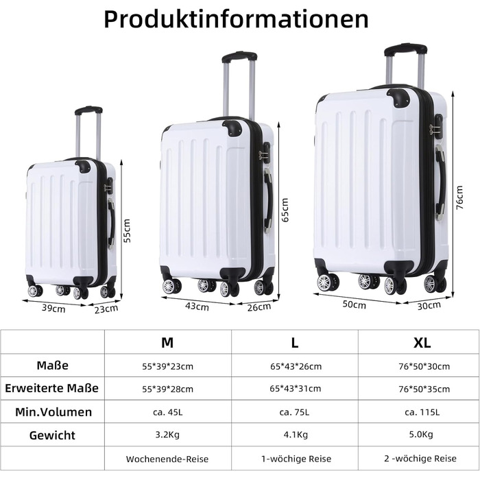 Набір валіз Beibye: 3 валізи з жорстким корпусом, роликові валізи для подорожей (білий)