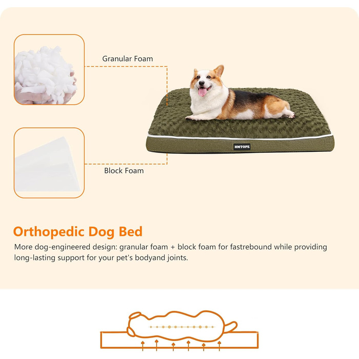 Ортопедичне ліжко для собак, килимок для собак з двошаровим дизайном, миється, знімний кошик для собак, 90 см для маленьких та середніх собак (89 x 59 x 10 см, оливковий)