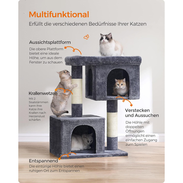 Feandrea Cat Tree, 84 cm Cat Tree, L, Cat House for Large Cats up to 7 kg, Large Platform, 2 Cat Caves, Sisal Posts, PCT61W (XL (68 x 48 x 101 cm), Smoke Gray)