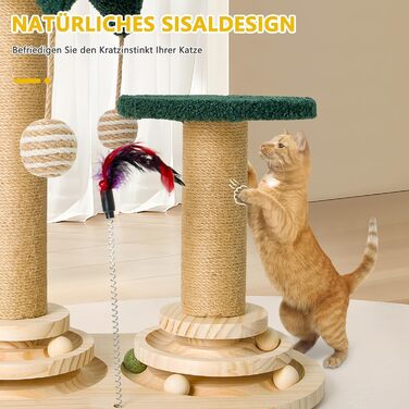 Інтерактивне котяче іграшкове комбо 6-в-1: дерев'яні меблі, кульки, пір'я, м'яч-трекер, когтеточка з сизалю та джуту для котів середніх та маленьких порід (білий, зелений)