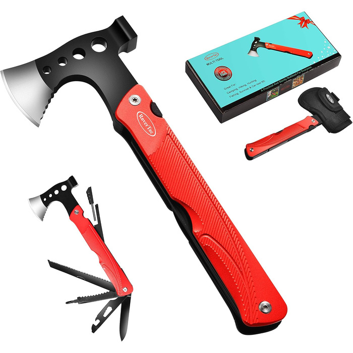 Camping Gear Multitool Axe Gifts: Multifunction Tool Axe Gifts for Men Dad Him, 14-in-1 Axe Hammer Knife Saw Bottle Opener Fire Starter Whistle for Camping Survival Hiking