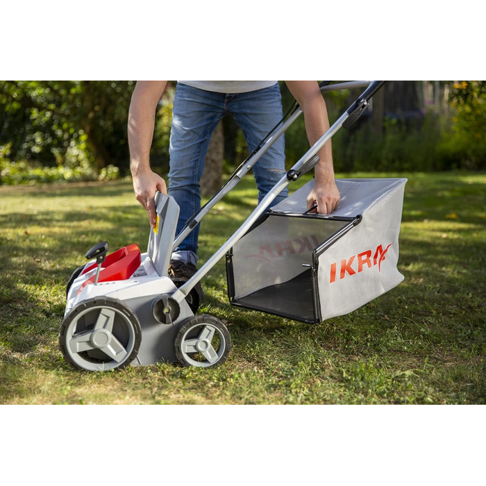 IKRA Elektro Scarifier Lawn Aerator IEVL 1838, 40l Collection Basket, Working Width 38cm, Adjustable Working Depth