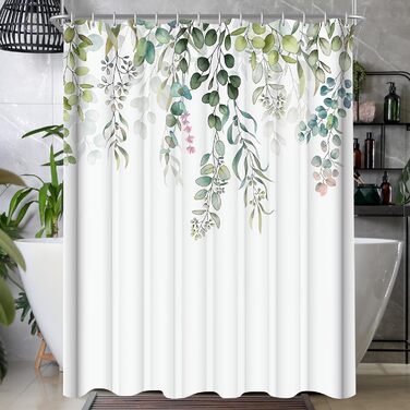 Штора для душу 200x200 см, зелені листки, антигрибкова, водовідштовхувальна, текстильна, поліестер, з кільцями (12 шт.) для ванної кімнати