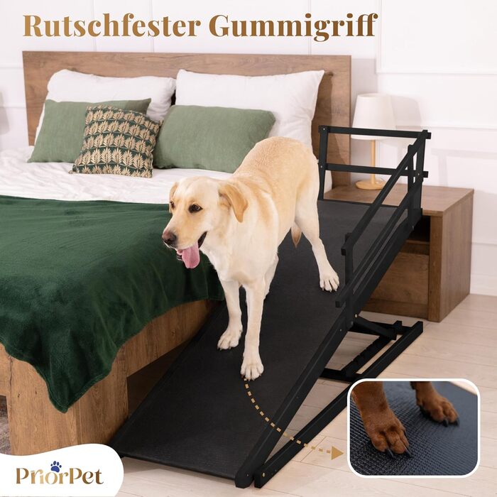 Сходинки для собак до ліжка з поручнями - для великих собак до 90 кг - регульована висота до 94.5 см - ширина 49.5 см - складані - з антиковзним покриттям - з берези - натуральний колір (чорний)