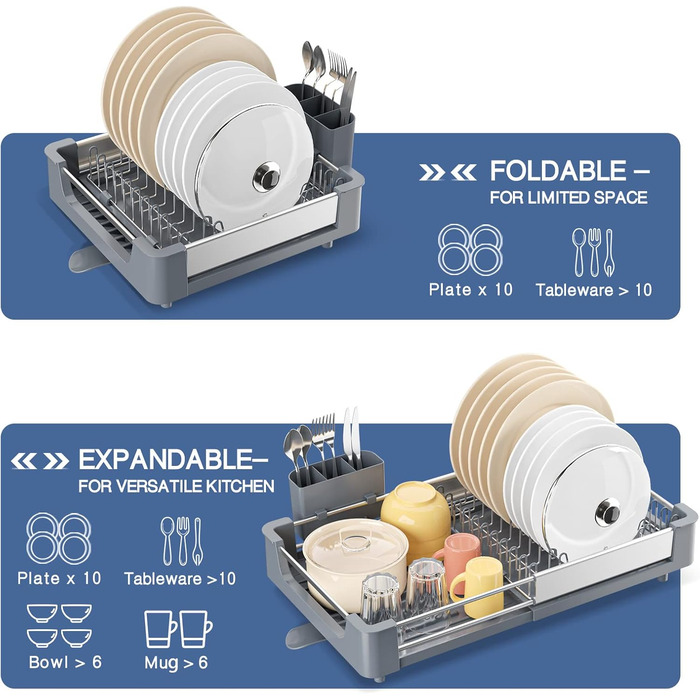 Стійка для посуду KINGRACK: розширювана, з нержавіючої сталі, з підставкою для столових приборів, антиковзаюча, сірого кольору