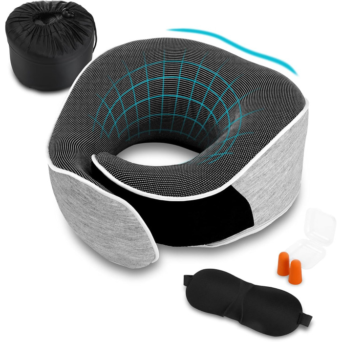 Подушка для шиї з піною з пам'яті Memory Foam, комплект з маскою для очей, берушами та чохлом, ергономічна туристична подушка (світло-сіра)