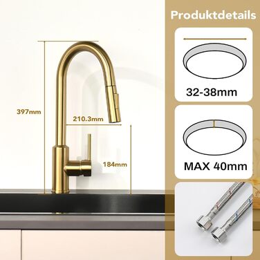 Змішувач кухонний з висувною лійкою та душовою насадкою, поворотний на 360°, 2 режими, нержавіюча сталь (золотий)