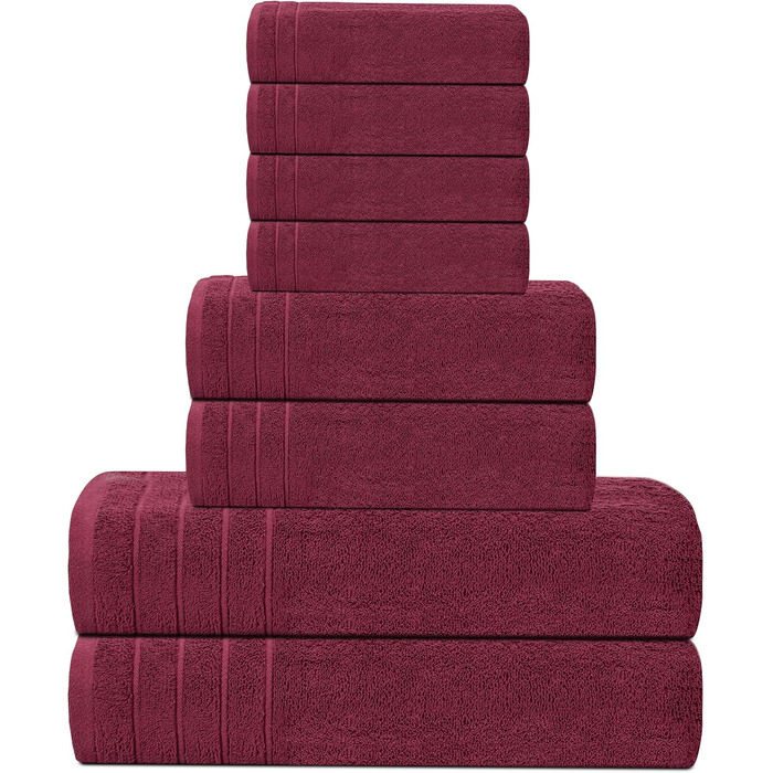 Набір рушників Tens Towels з 100% бавовни, 8 предметів: 2 великі банні рушники, 2 рушники для рук та 4 серветки, гігроскопічні та швидкосохнучі, колір бордовий