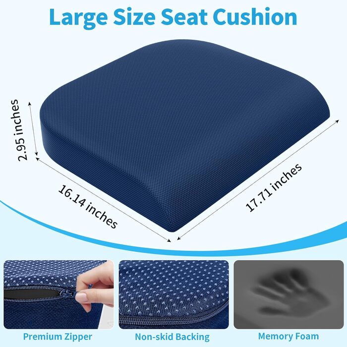 Подушка для сидіння TranquilRelax з Memory Foam (блакитна) для офісного крісла, дому та авто. Зняття болю в спині, куприку, сідницях та при ішіасі. Large