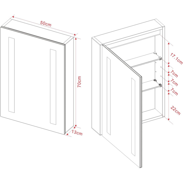 Дзеркальна шафа для ванної кімнати AQUABATOS з розеткою та підсвічуванням LED, 50x70 см, шафа для ванної кімнати, дзеркало з інфрачервовим датчиком, регульоване освітлення, антизапар, холодний білий колір світла, алюмінієва шафа, двостороннє дзеркало