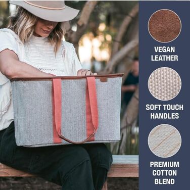 CleverMade Foldable Luxury Tote Bag, Pink Herringbone Pattern, 30L, Structured Tote with Handles and Reinforced Bottom, Reusable Shopping Bag, Grocery Bag