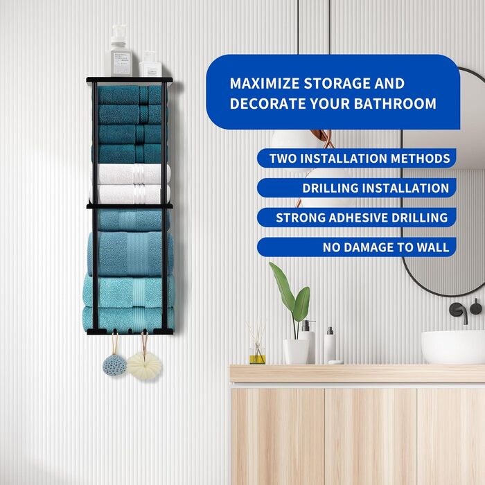 Bathroom Towel Rack Wall Mounted Towel Holder No Drilling 3-Tier Bathroom Towel Rack with Metal and 3 Hooks Bathroom Towel Storage Shelf 80 x 26 x 14 cm (black)