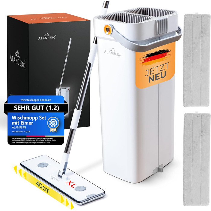 Набір для миття підлоги XL з відром, 2-камерна система, телескопічна ручка 143-181 см, плоский моп 40 см, самовіджимання з видаленням шерсті тварин та 2 мікрофібровими накладками, білий – ALANBERG®