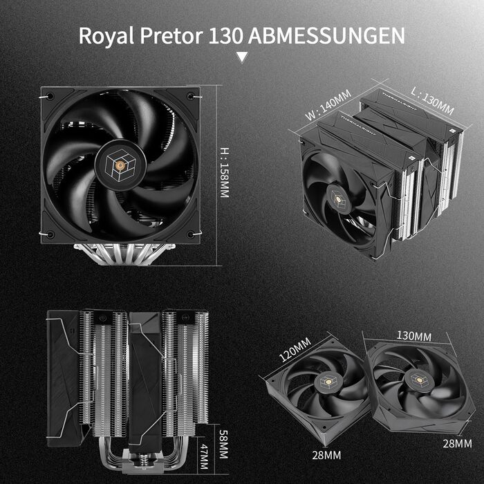 Охолоджувач процесора Thermalright Royal Pretor 130: 6 heatpipes, сумісний з Intel LGA115X/1200/2011/1700/1851 та AM4/AM5