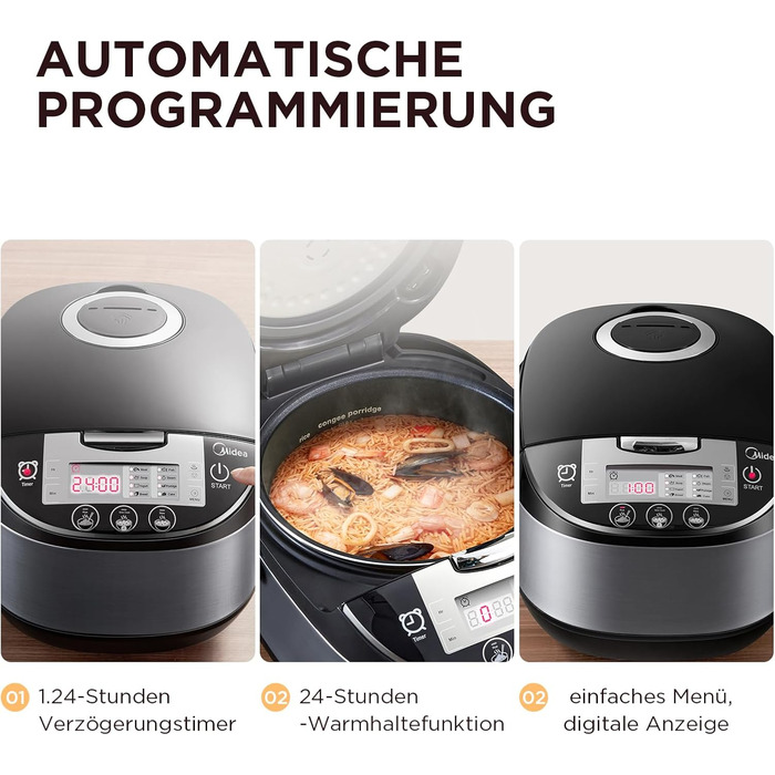 Midea Rice Cooker, Multi-cooker with 11 programs, 1.8L Rice Cooker for up to 10 people, Slow Cooker with Steamer, Premium Inner Pot, Keep Warm Function, Timer, 5L 6-Phase Technology