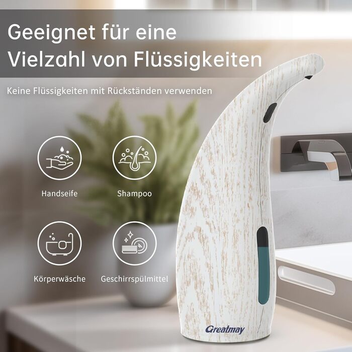 Greatmay Automatic Soap Dispenser - Touchless, Battery Operated, 300ml - Adjustable Settings, IPX6 Waterproof for Bathroom, Kitchen