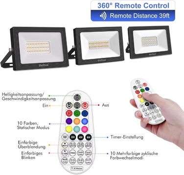 MEIHUA 60W RGB Spotlight with Remote Control, IP66 Waterproof, LED Floodlight, Color Changing, Dimmable, 10 Colors, 12 Modes with Timer, RGB Projector, Colorful for Garden, Disco, Tree, Landscape, Mood Lighting