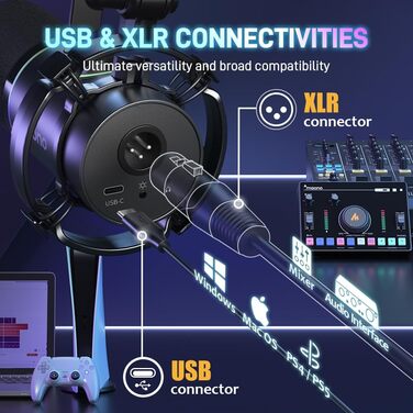Мікрофон MAONO PD200XS XLR/USB: Набір для стримінгу, запису та геймінгу з RGB підсвіткою, регулюванням гучності та беззвучною кнопкою