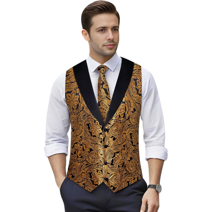 Костюм-жилет DiBanGu для чоловіків, шовковий жаккард, жилет та краватка, комплект з жабо, для смокінгу, весілля, свят, 7 предметів, золото та чорний