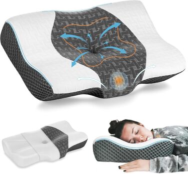 Elviros Orthopedic Pillow, Memory Foam Ergonomic Neck Support Pillow, Neck Pillow Head Pillow Neck Pain, Side Sleeper Pillow Stomach Sleeper Pillow, with Cover, Dark Grey