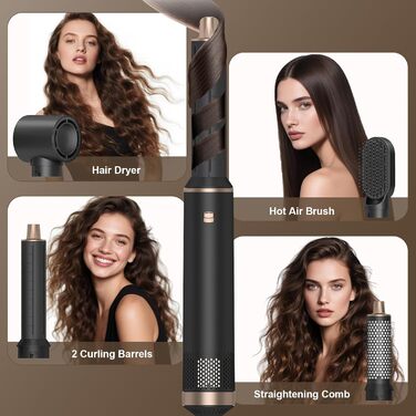 Професійний стайлер для волосся 5 в 1: фен, плойка, щипці, щітка для об'єму та випрямлення, іонний, для всіх типів волосся, чорний