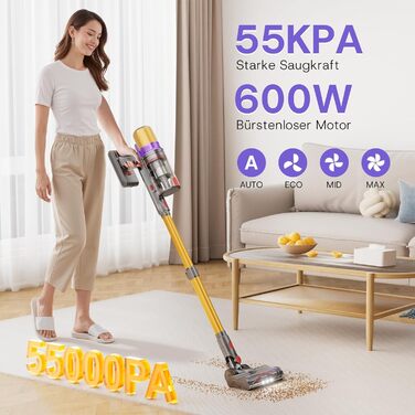 Бездротовий акумуляторний пилосос V16 600W з LED-дисплеєм та автоматичним режимом. Підходить для твердих підлог, килимів та видалення шерсті тварин.