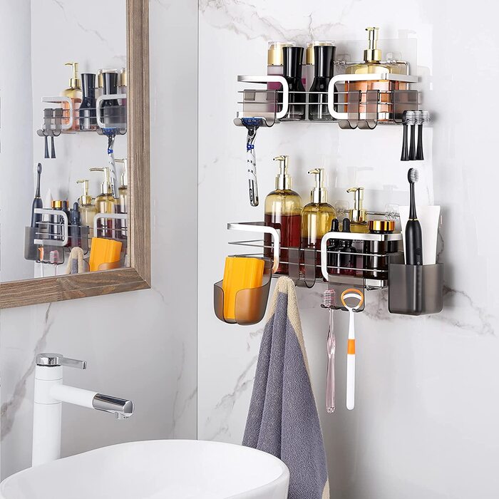 Gsocel Shower Shelf with 2 Hooks, Silver