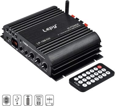 Lepy LP-168 Plus Bluetooth підсилювач 2.1 канали, 2x45Вт+68Вт, HiFi цифровий стерео бас, USB, MP3, MP4, DVD, для авто, з LED підсвіткою