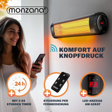 Інфрачервовий обігрівач MONZANA® MZH2501 з таймером, 2500W, 3 режими, 24 год, пульт ДУ, кут нахилу 90°, електричний, для тераси, чорний