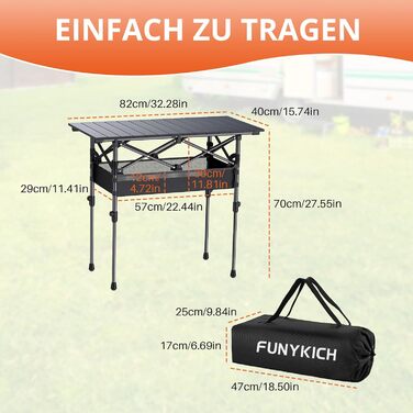Складаний туристичний стіл FUNYKICH 82x40 см з регулюванням висоти (44/70 см), з сітчастою кишенею, для пікніка, кемпінгу, BBQ, саду
