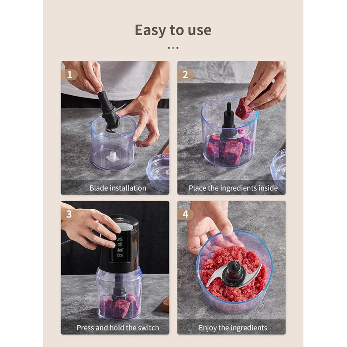 Електричний міні-подрібнювач 500 мл, кухонний комбайн 300 Вт з 4-ма нержавіючими лезами та 2 швидкостями, мультиподрібнювач для овочів, м'яса, горіхів, соусів та дитячого харчування