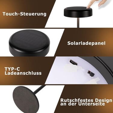 Настільна лампа на сонячній батареї з акумулятором LED, 2 шт, чорна. Бездротова, з димером, USB зарядка, IP44 для дому та вулиці