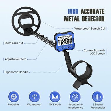 Металодетектор Profi з 2 акумуляторами, 5 режимів, для дорослих та дітей, водонепроникний IP68, регульована стійка (Морська блакить)