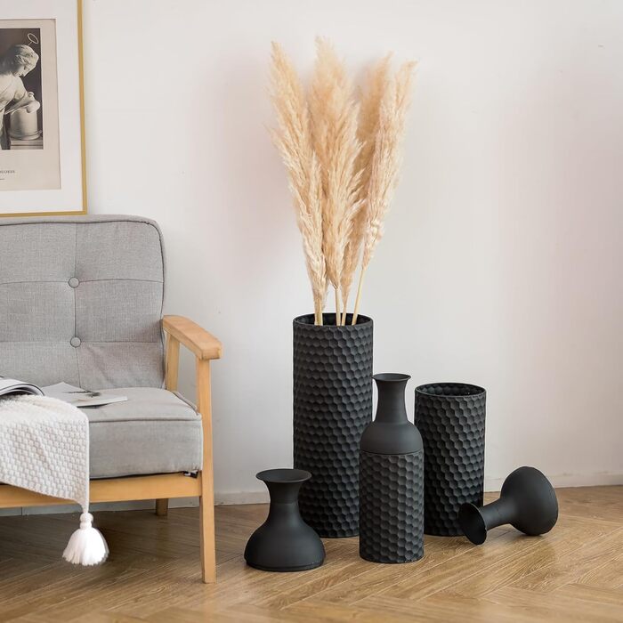 Vintage Black Tall Floor Vase Set of 3 - 68/51/41cm Metal Honeycomb Texture Matte Decorative Vase for Living Room, Dining Room, Bedroom, Office & Home Décor
