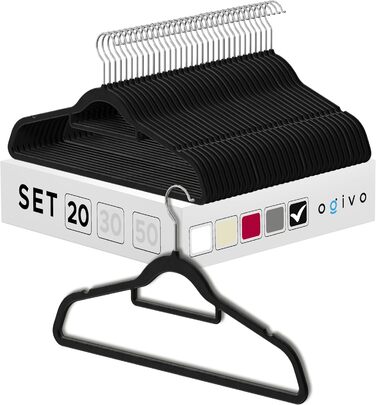 В'язки для одягу OGIVO - набір з 20 шт. - антиковзаючі вішалки для гардеробу, для краваток, з поворотним гачком 360°, з вирізами для плечей (Чорний)