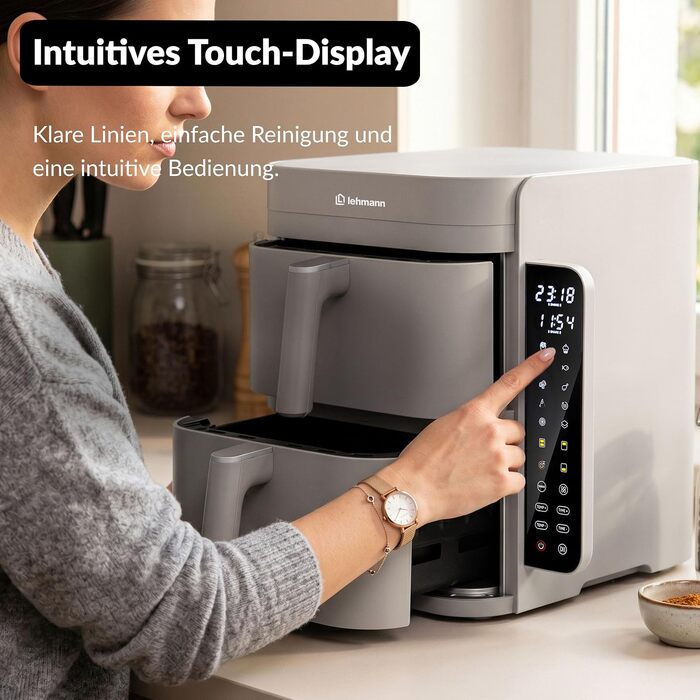 Аерофритюрниця з двома камерами LEHMANN XXL 12L, безмасляний Airfryer на 2800 Вт, 10 програм, антипригарне покриття, бежевий