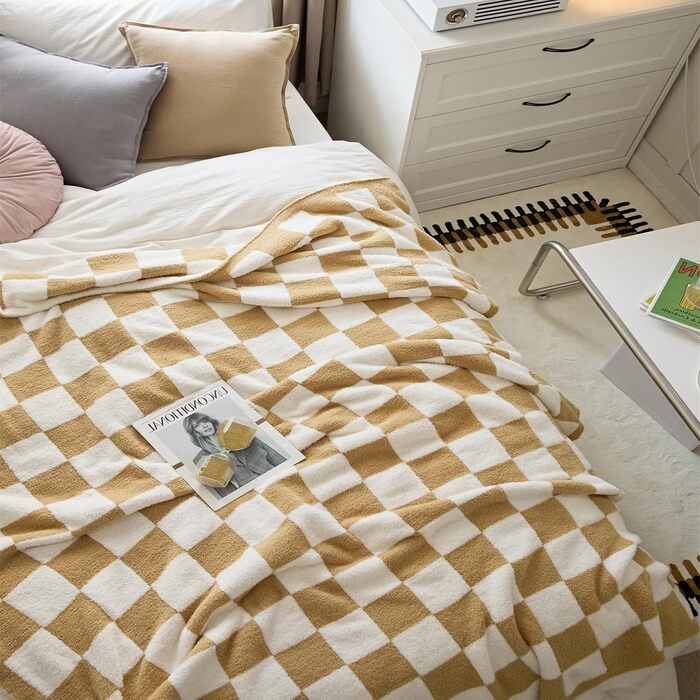 Плед YIRUIO з шаховим принтом, Queen/King Size, 203 x 228 см, мікрофібра, burnt orange