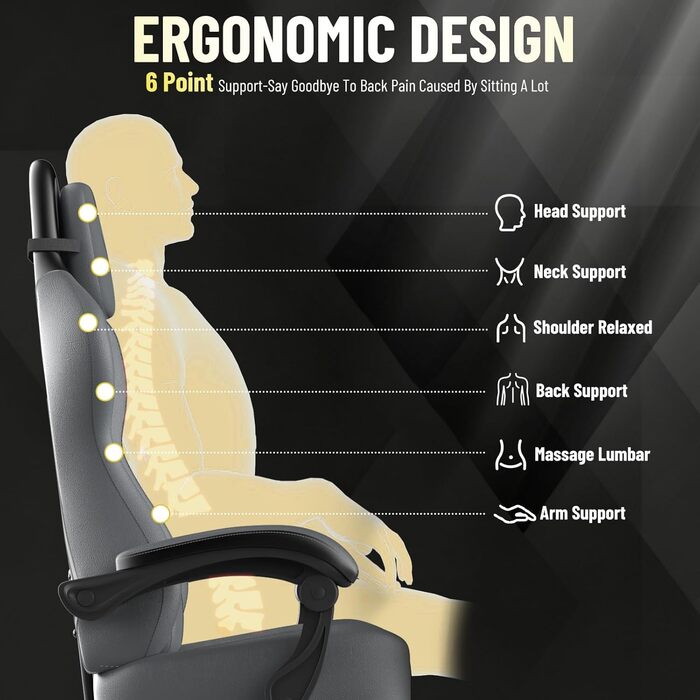 Геймерське крісло Ferghana Ergonomic - з підтримкою попереку, голови та підставкою для ніг, регульоване, обертається, дихаючий льон (сіро-чорне)