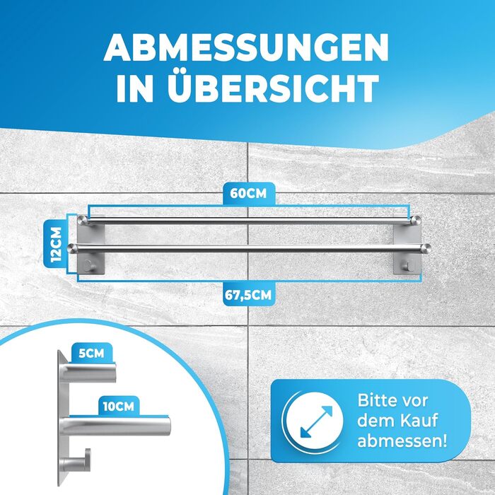 Тримач для рушників без свердління 60 см, нержавіюча сталь, для ванної кімнати, душової кабіни, кухні. В комплекті 2 гачки. Срібний колір