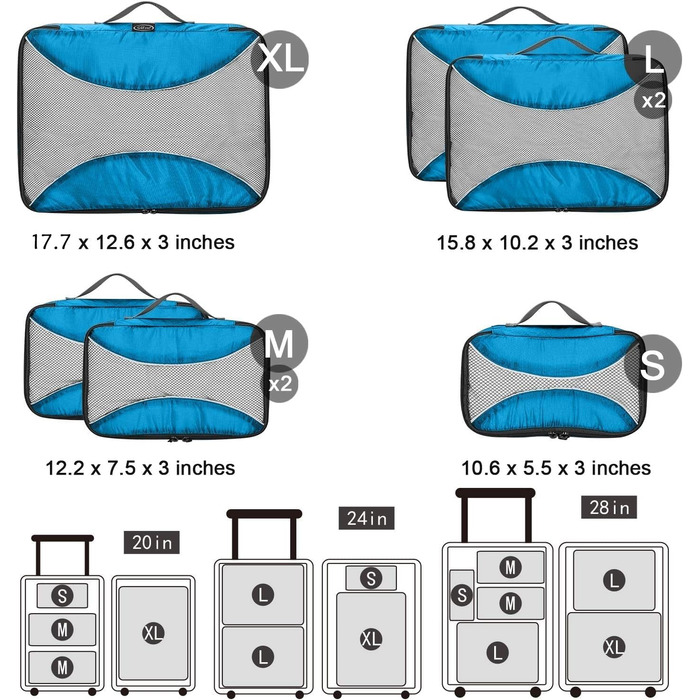 Органайзери для валізи G4Free (набір) - 3/6/7 шт. - блакитний колір (1S + 2M + 2L + 1XL)